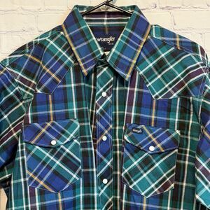 Wrangler Pearl Snap Shirt Mens XL Green Plaid Western Biker Vintage Thick Canvas